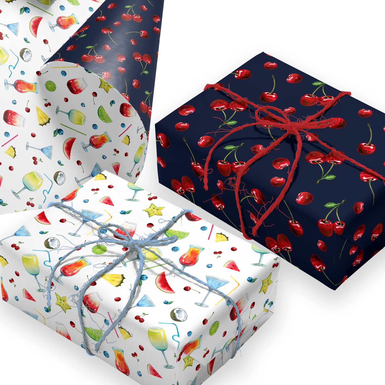 Wrapping Paper. 4 Large Sheets with Cocktails & Cherries Design. Recyclable Gift Wrap for any Occasion. Made in the UK by Ruby Ashley®