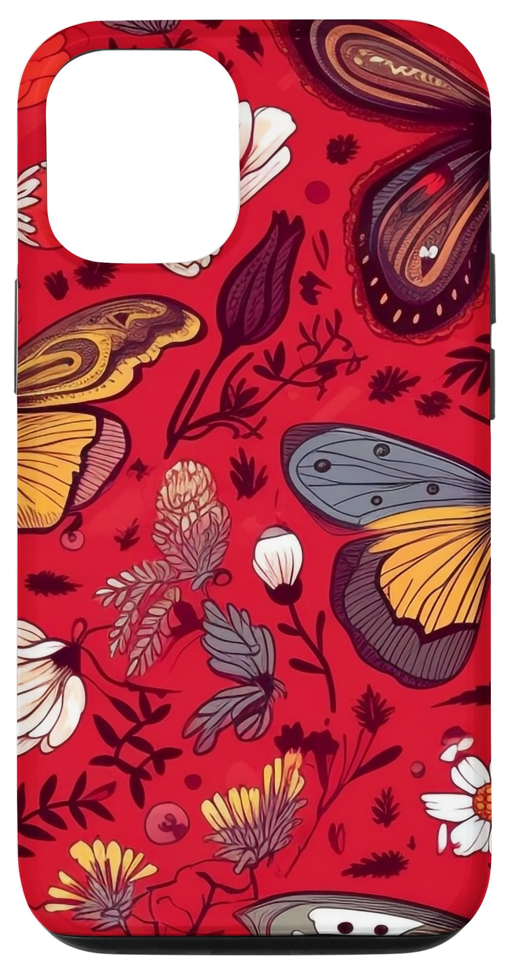iPhone 15 Moth Pattern Wildflower Crimson Red Case