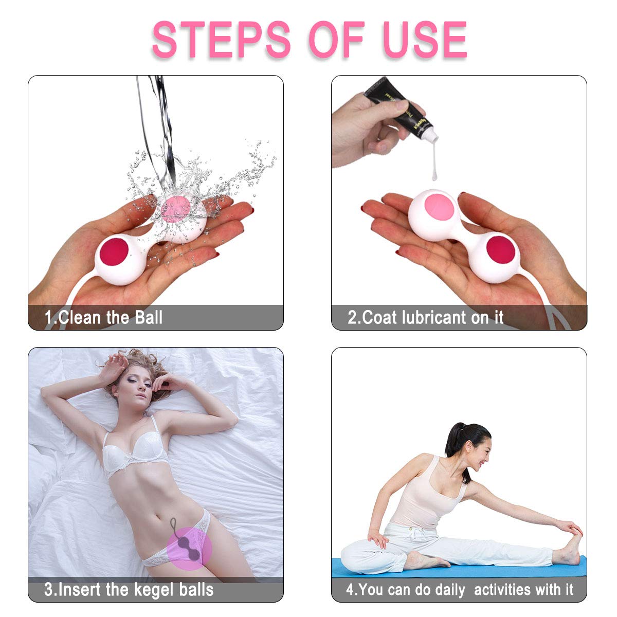 Kegel Balls Beckenbodentrainer 4 Balls Beckenbodentrainingsset Kegel Übung Gewichte Kit Frauen Blase Control & Beckenboden Übungen Silikon Wasserdicht für Frauen Anfänger und Fortgeschrittene