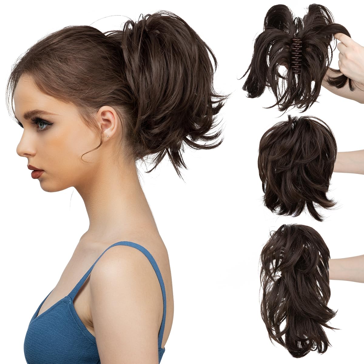 CJL HAIR Claw Clip Short Ponytail Hair Extensions DIY Bendable Metals Messy Bun Hair Piece for Wonen Straight Synthetic Fake Hairpieces Dark Brown