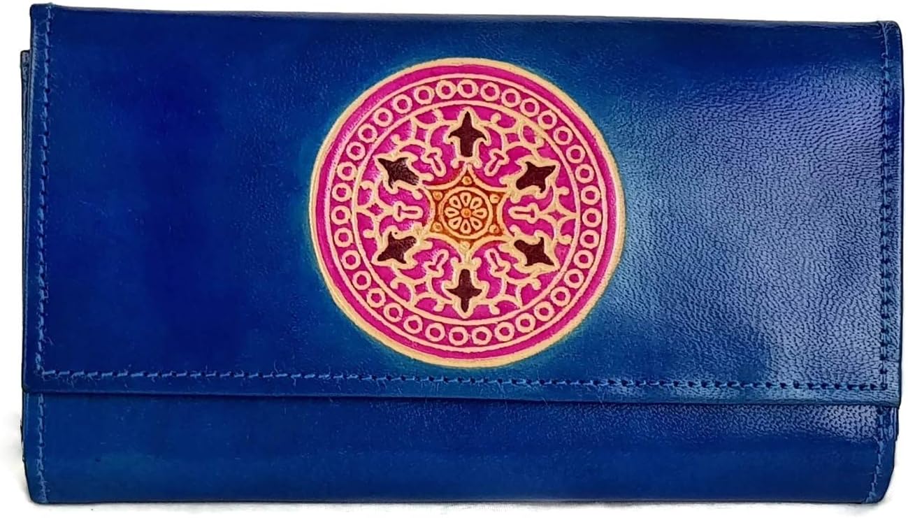 Tarini Womens real Leather wallet Blue Mandala handcrafted clutch