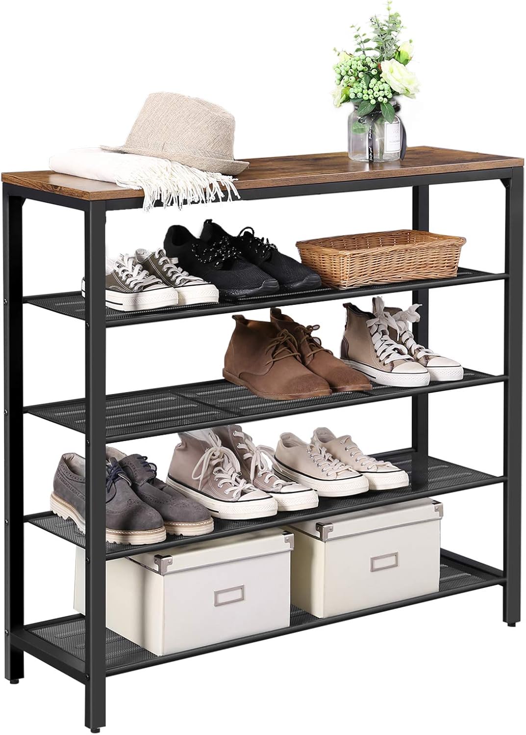 industrial shoe rack on Metal Closet Industrial Shoe Shelf For Entryway Vasagle Shoe Rack Rustic Brown Lbs15bx Shoe Storage Organiser With 4 Mesh Shelves And Large Surface For Bags Hallway Furniture Home Kitchen Antuongreal Vn