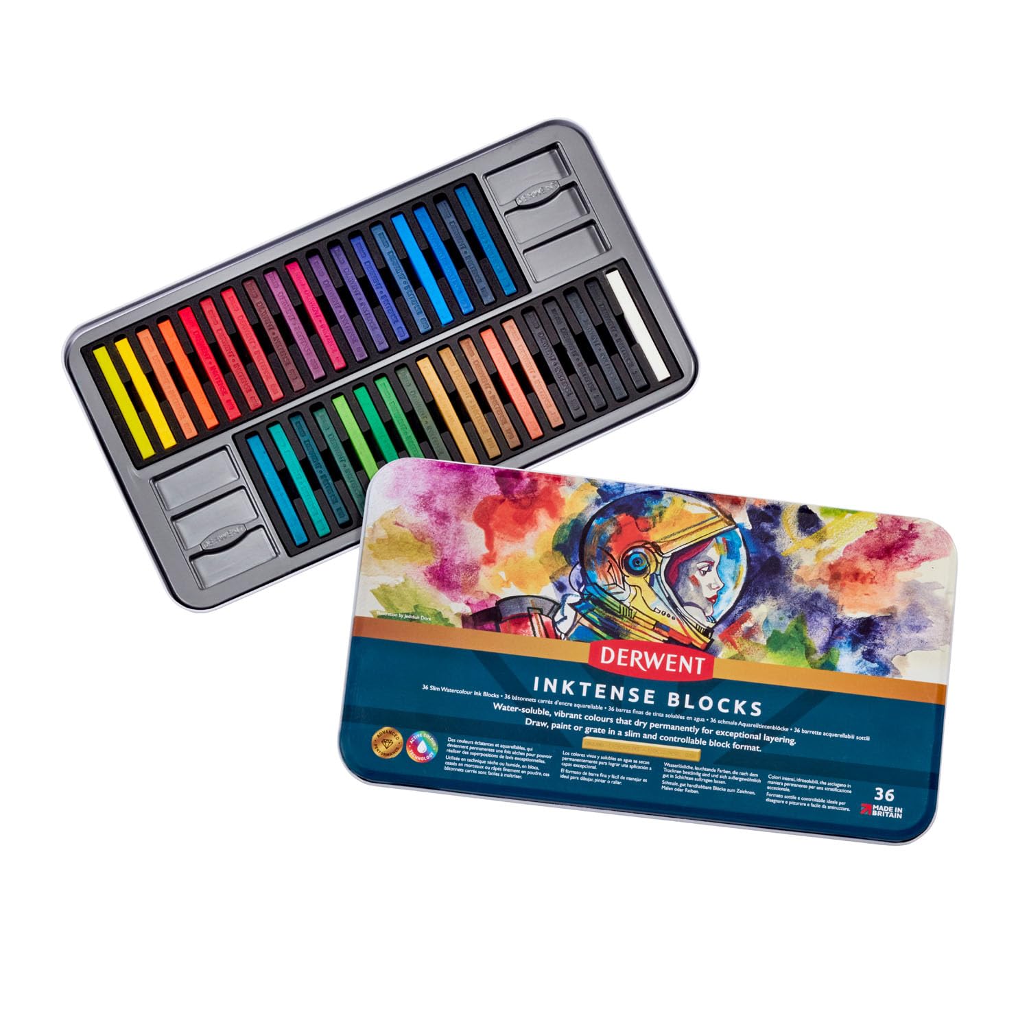 Derwent Inktense Blocks 36 Tin, Set of 36 Water-Colours, 8mm Block, Water-Soluble, Ideal for Drawing, Colouring, Crafts & Painting on Paper & Fabric, Professional Quality (2301979) — image 1