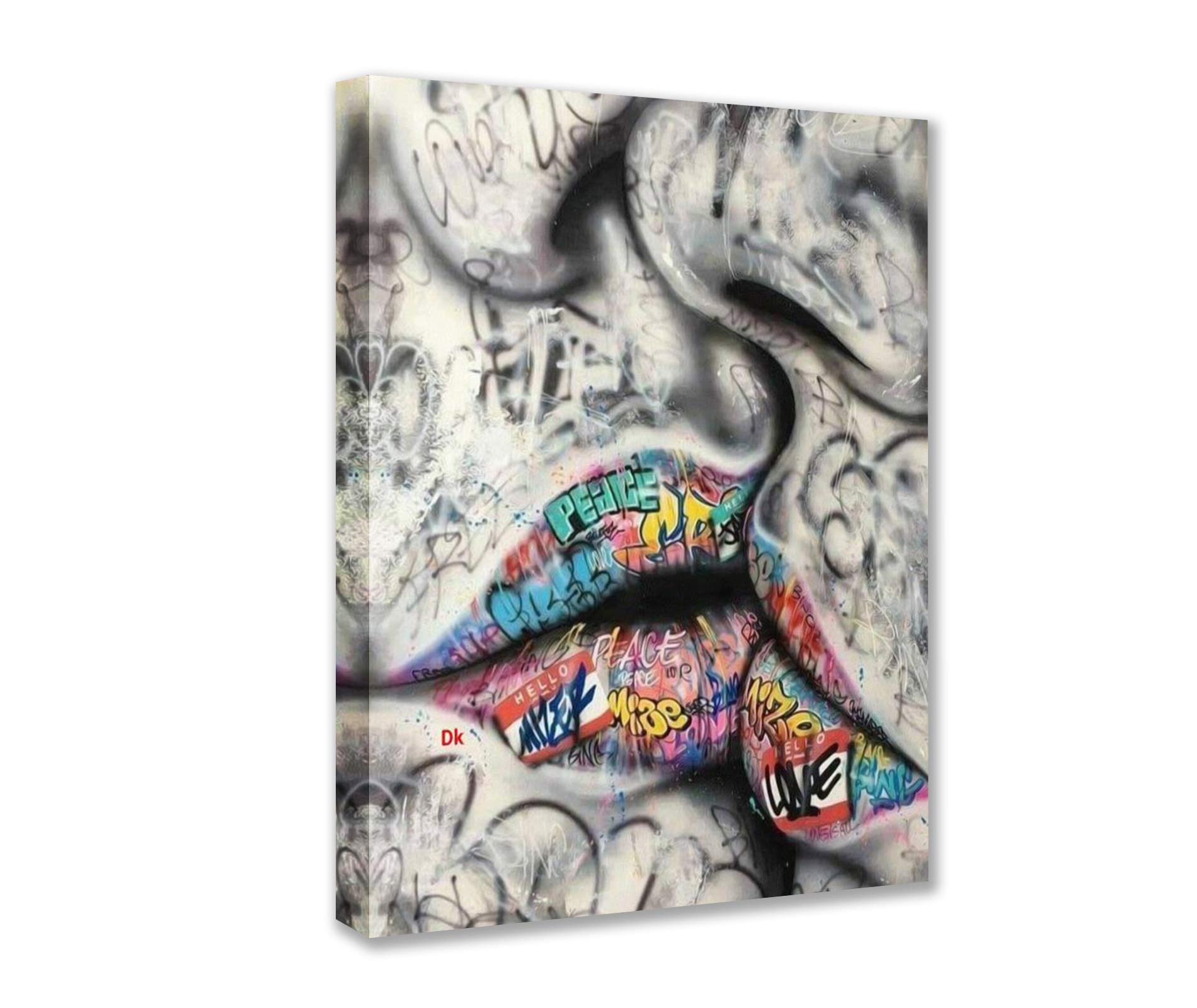 Banksy Street Art Graffiti Romantic Kiss Pictures Lips Paintings Doodle Artwork for Living Room Gift 1 Pieces Canvas Wall Art Nordic Home Decor Framed Ready to Hang Poster and Prints (16''Wx24''H)