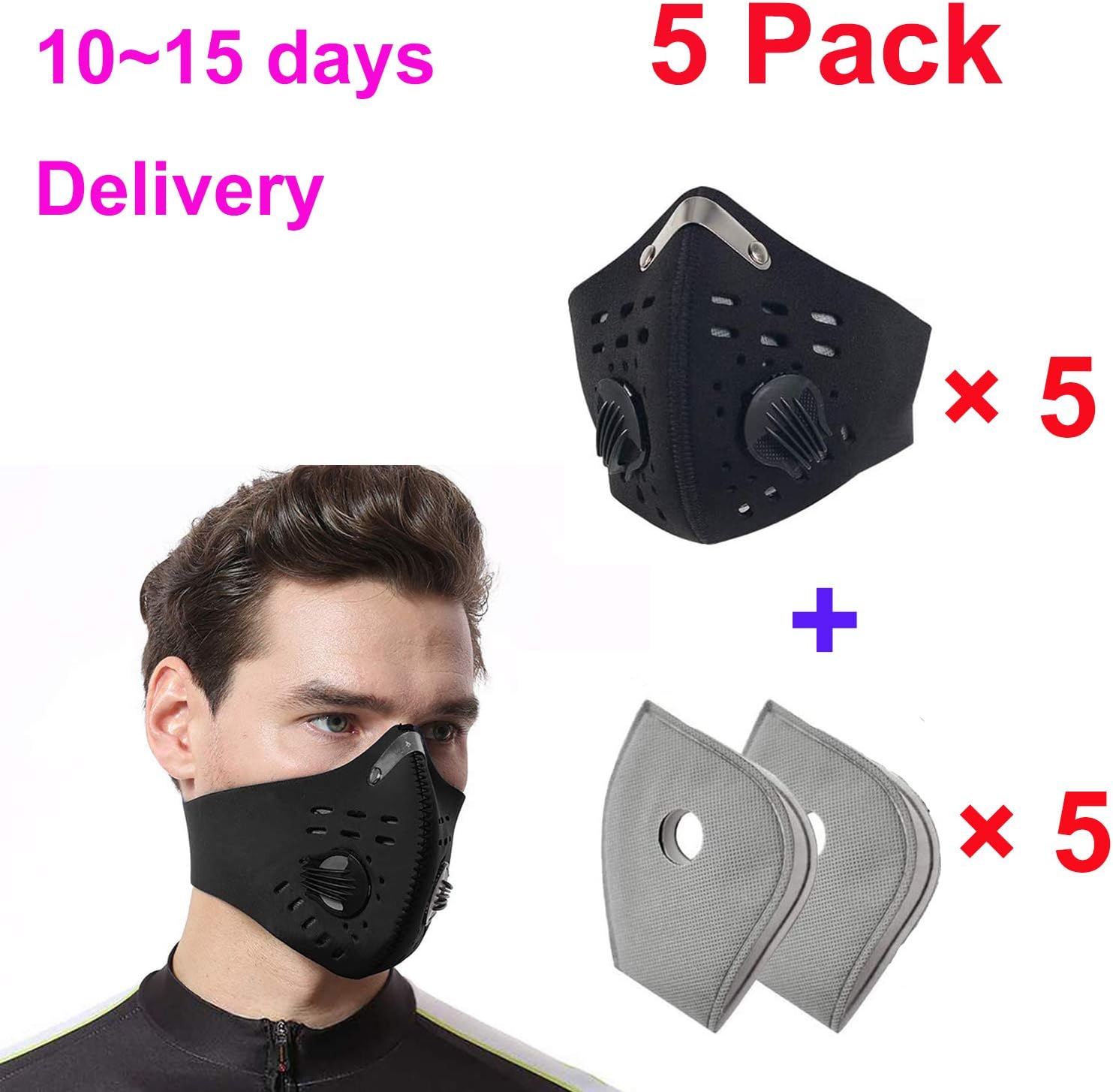 5 Pack Motorcycle Mask with Extra 10 pcs Carbon Filters for