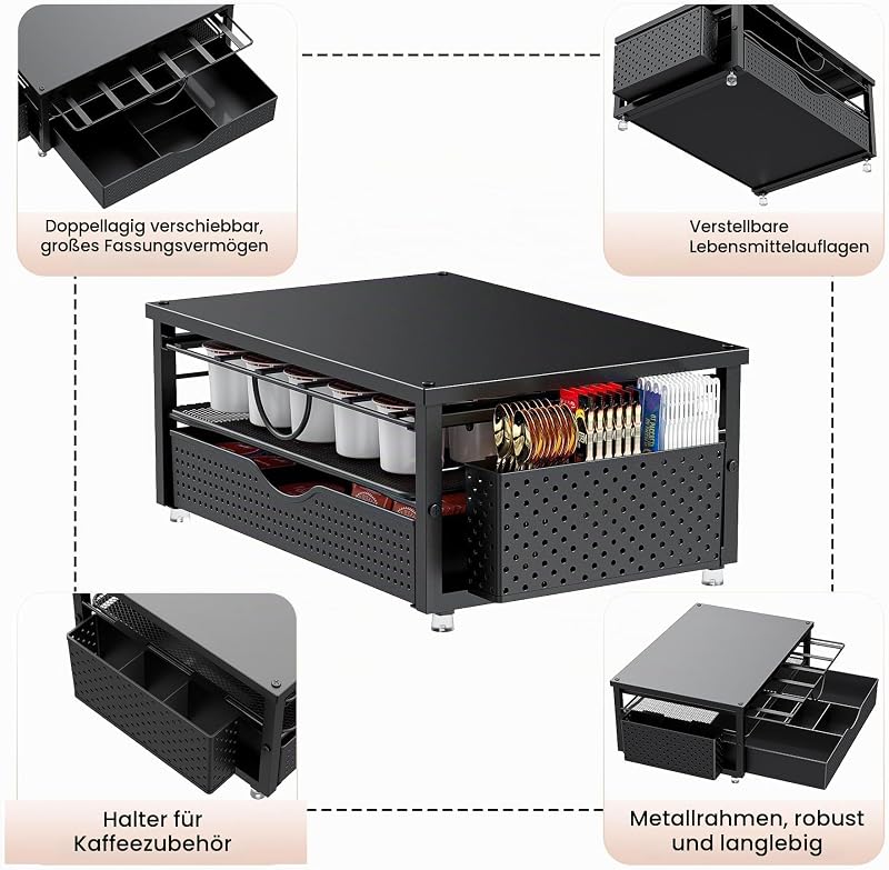 Kaffee Kapselhalter, 2-Tier K Cup Halter mit 2-stufiger Schublade und 1 Hängekorb für 51 große oder 73 kleine Kapseln, K Cup Kaffeestation, Organizer, Zubehör für Theke, Büro, Küche (Schwarz)