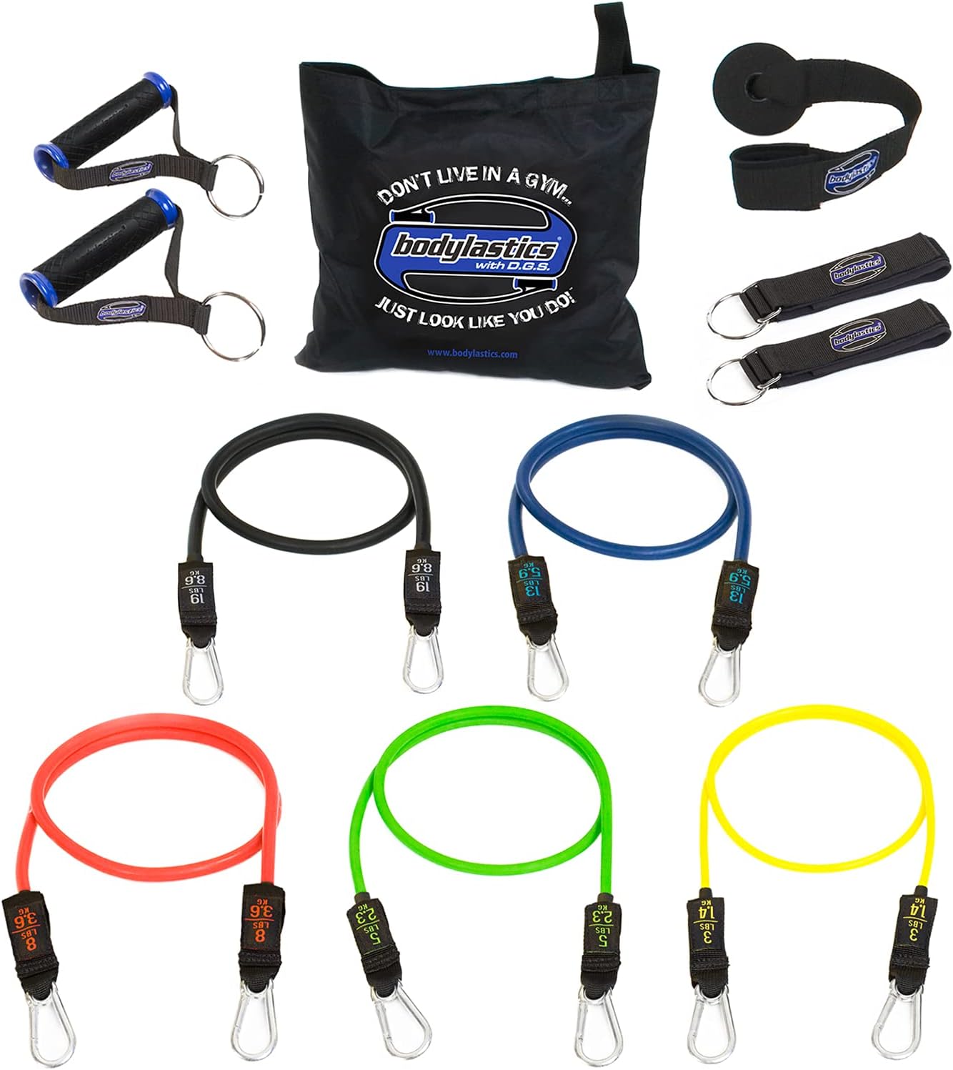 bodylastics Stackable (12 Pcs) MAX Tension Resistance Bands Sets. This Leading Exercise Band System Includes 5 of Our Anti-Snap Exercise Tubes, Heavy Duty Components, and a Travel Bag.: Sports & Outdoors