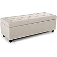 BELLEZE 47" Storage Ottoman, Storage Bench with Safety Close Hinge, Linen Button-Tufted Ottoman for Living Room, Entryway, Hallway, Foot Rest, Support 300lbs - Beige