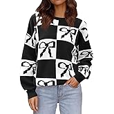 Saodimallsu Womens Color Block Bow Sweater Oversized Crewneck Long Sleeve Knit Warm Pullover Tops