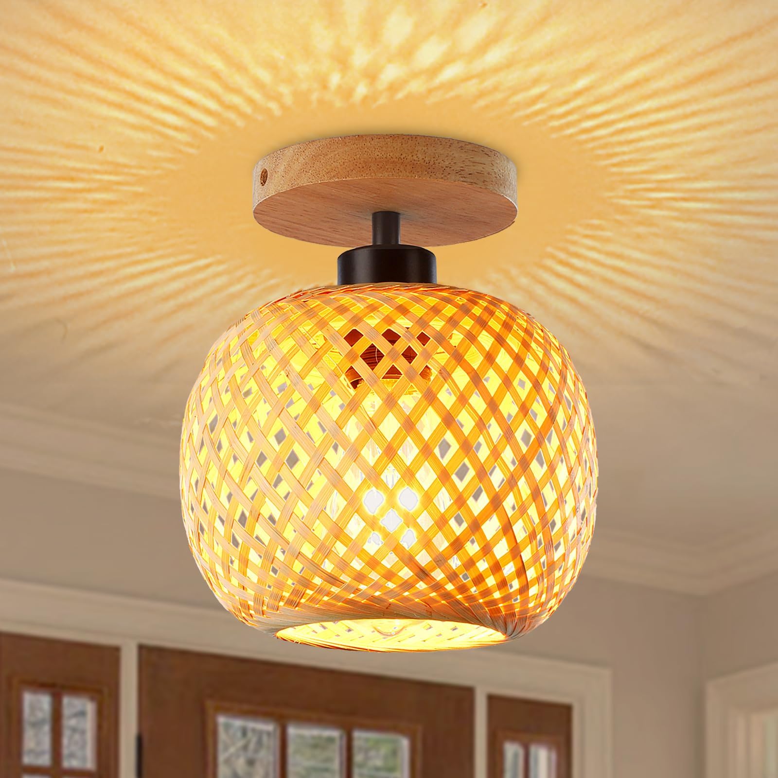 Schindora Bamboo Ceiling Light,Mini Size Boho Semi Flush Mount Ceiling Light Fixture,Handmade Rattan Wood Lampshade,Farmhouse Light Fixtures for Bedroom Nursery Hallway Corridor Passway