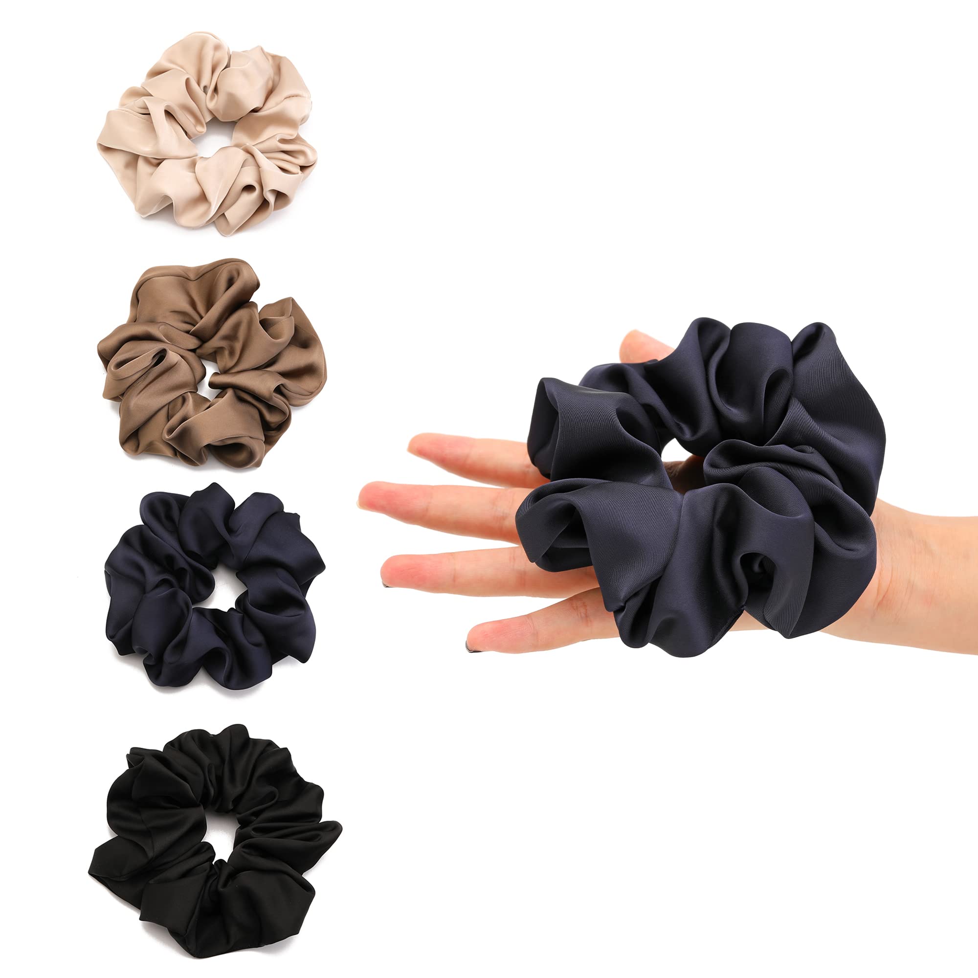 Photo 1 of 4PCS Large Satin Silk Scrunchies for Women - Big Glossy Scrunchie for Thick Hair Girl Hair Ties Ponytail Holders Jumbo Scrunchies (Black Navy-Blue Brown Champagne)