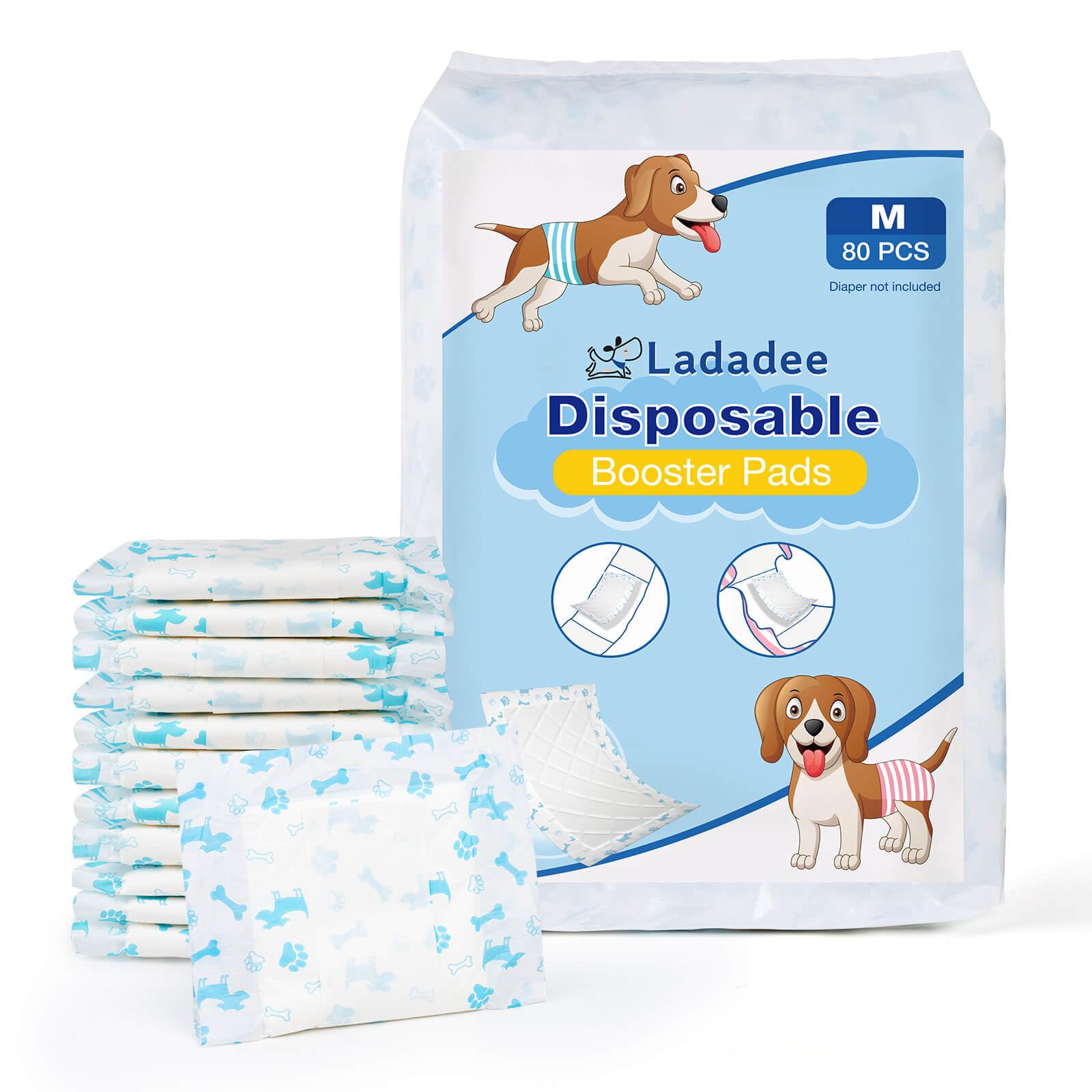 Photo 1 of Ladadee Disposable Dog Diaper Liners Booster Pads for Male and Female Dogs, Doggie Diaper Inserts fit Most Types of Dog Diapers - Pet Belly Bands and Male Wraps-S/M-80PCS