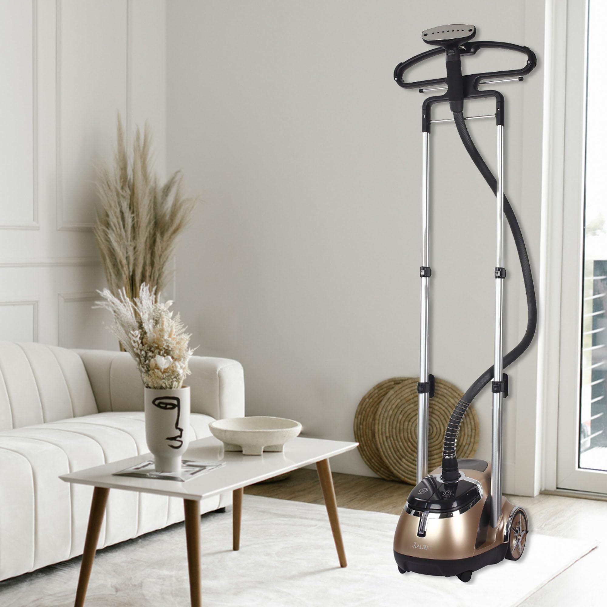 SALAV Professional Standing Garment Steamer with Retractable Power Cord, Foot Pedal Control, Wheels for Easier Movement (Gold)