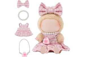 WOPLAGYREAT Labubu Cute Clothes for 17 CM Design Bow Necklace Handbag Stuff Dress Outfit Suit Set Accessories Mini Blah Ropa Plush Gifts for Friend (Pink)