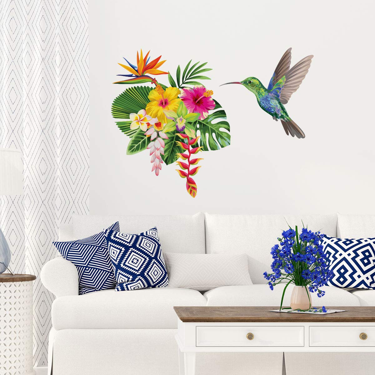 Tropical Flower and Hummingbird Wall Sticker for Living Room and Bedroom 20 x 25 cm