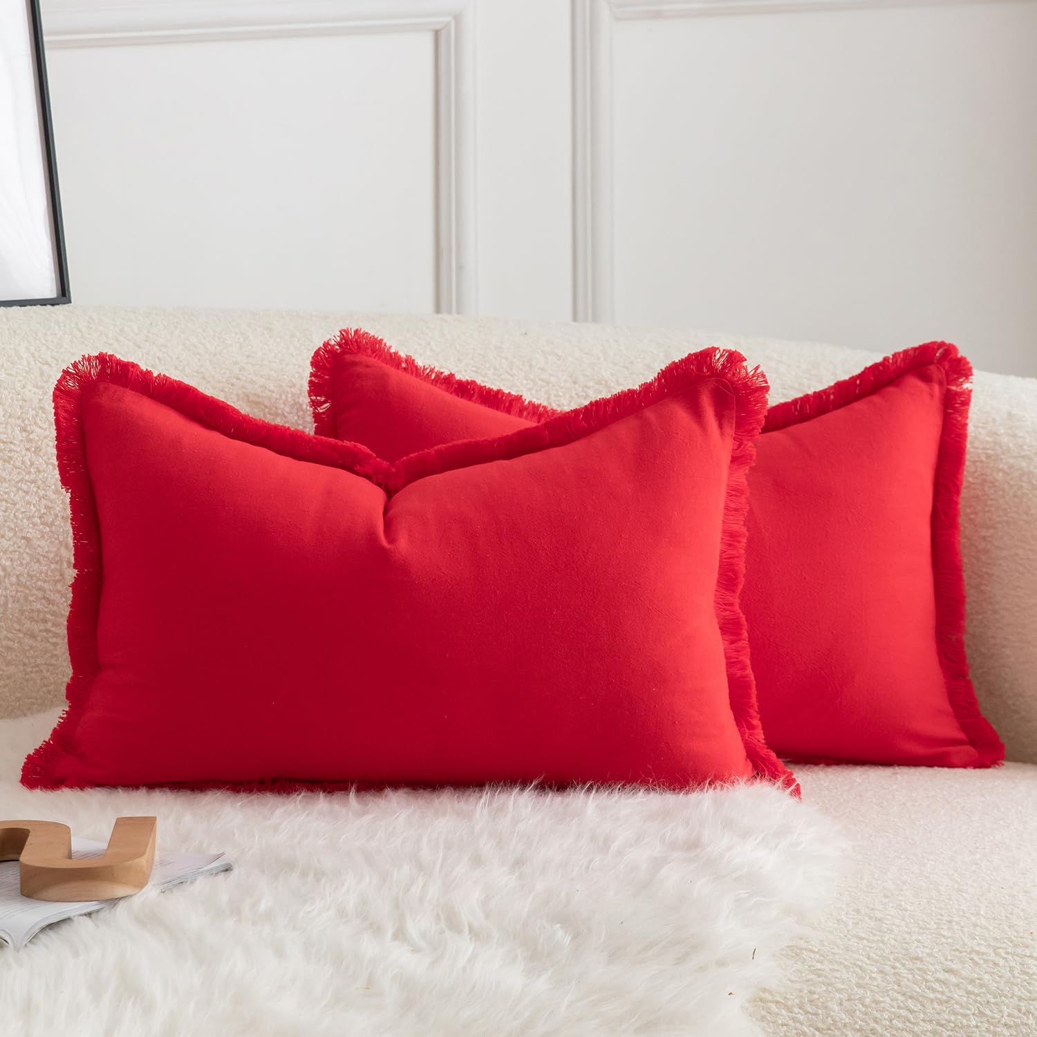 Mandioo Set of 2 Neutral Cotton Fringe Cushion Covers 30x50 cm 12x20 inch Decorative Boho Farmhouse Throw Pillowcase Cozy Tassels for Couch Sofa Bedroom Living Room Home Decor Red