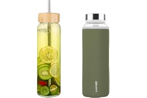 LOOFORE 32 oz Glass Water Bottle with Straw - Reusable Eco Friendly Bpa Free - Borosilicate Glass Water Bottles with 2 Lids &