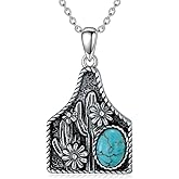 BETHZA Turquoise Cow Tag Necklace 925 Sterling Silver Real Oval Turquoise Cattle Tag Pendant Cactus Western Jewelry for Women Cowgirl