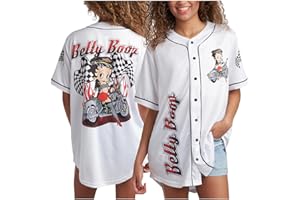 Betty Boop Women's Baseball Jersey - Vintage Novelty Button Down Uniform Top - Retro Jersey T-Shirt for Women (S-XL)