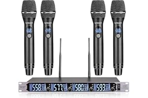 LyricLoom Professional 4 Channel Wireless Microphone System, Metal Handheld Dynamic UHF Wireless Mics Set 4 Pack, Vocal Cordl