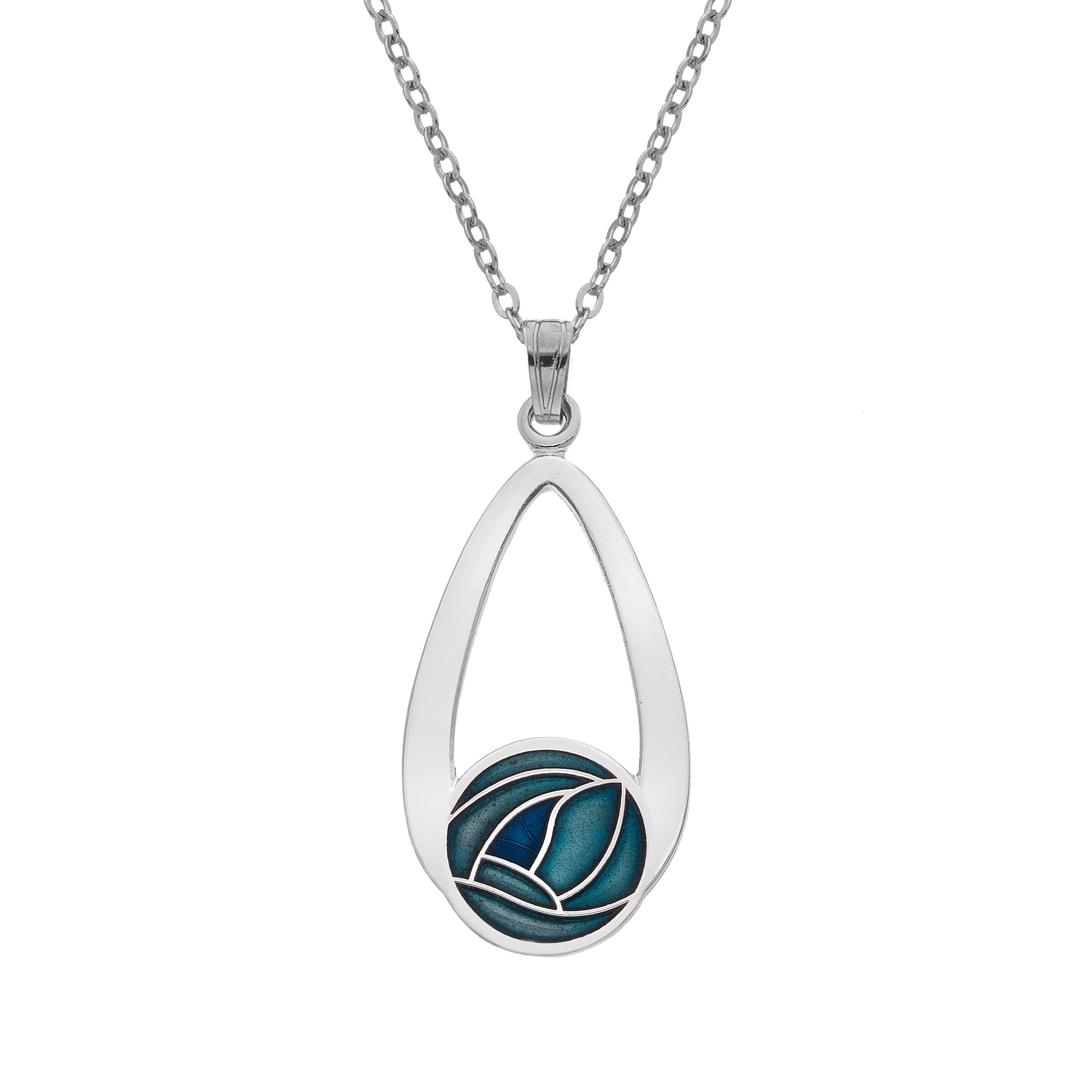 Rennie Mackintosh Inspired Enamelled Oval Teardrop 28mm Round Rose Necklace Pendant On 16 Inch Chain In Presentation Box (Turquoise)