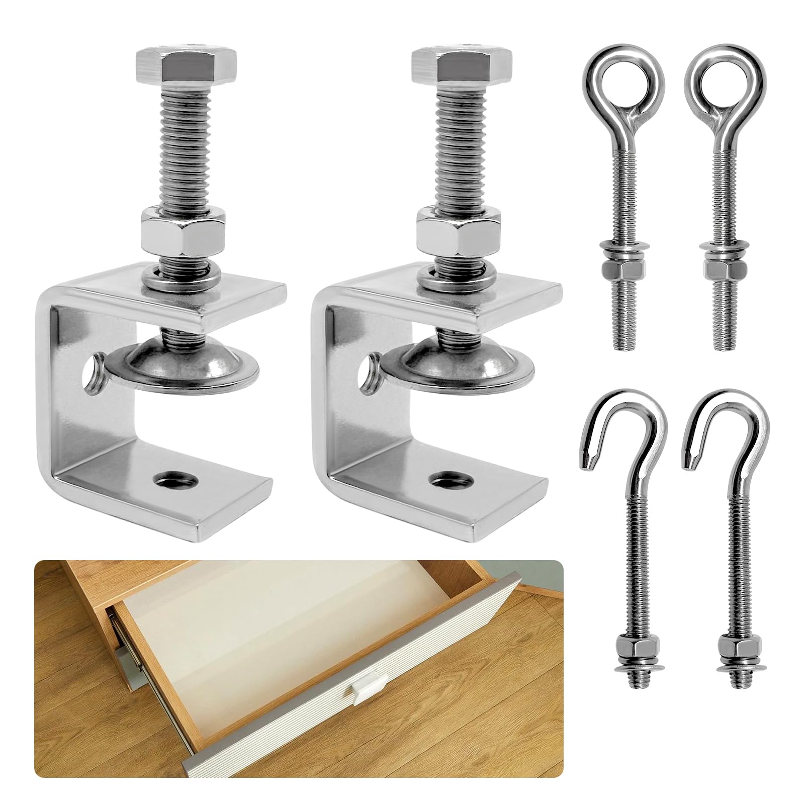 Pack of 6 Stainless Steel C Clamp 30 mm, C Clamp Jaw Openings 0-25 mm with Stainless Steel Hooks and Eye Screws for Woodworking, Carpentry and Welding