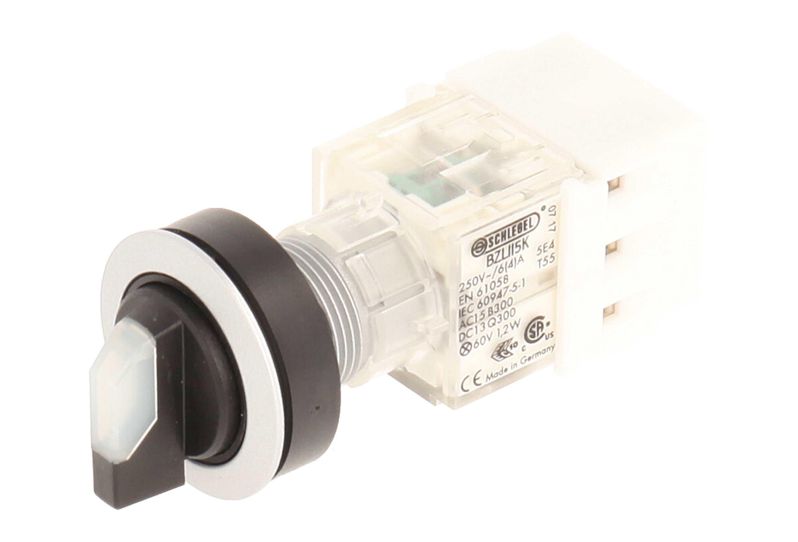 Club 23.001.209 Light Switch, Latching, 3 Positions Momentary Contact Sensor LED Lamp Holder t5,5 K 2 normally open contacts 24 V, SCREW Connector, Clear/Silver