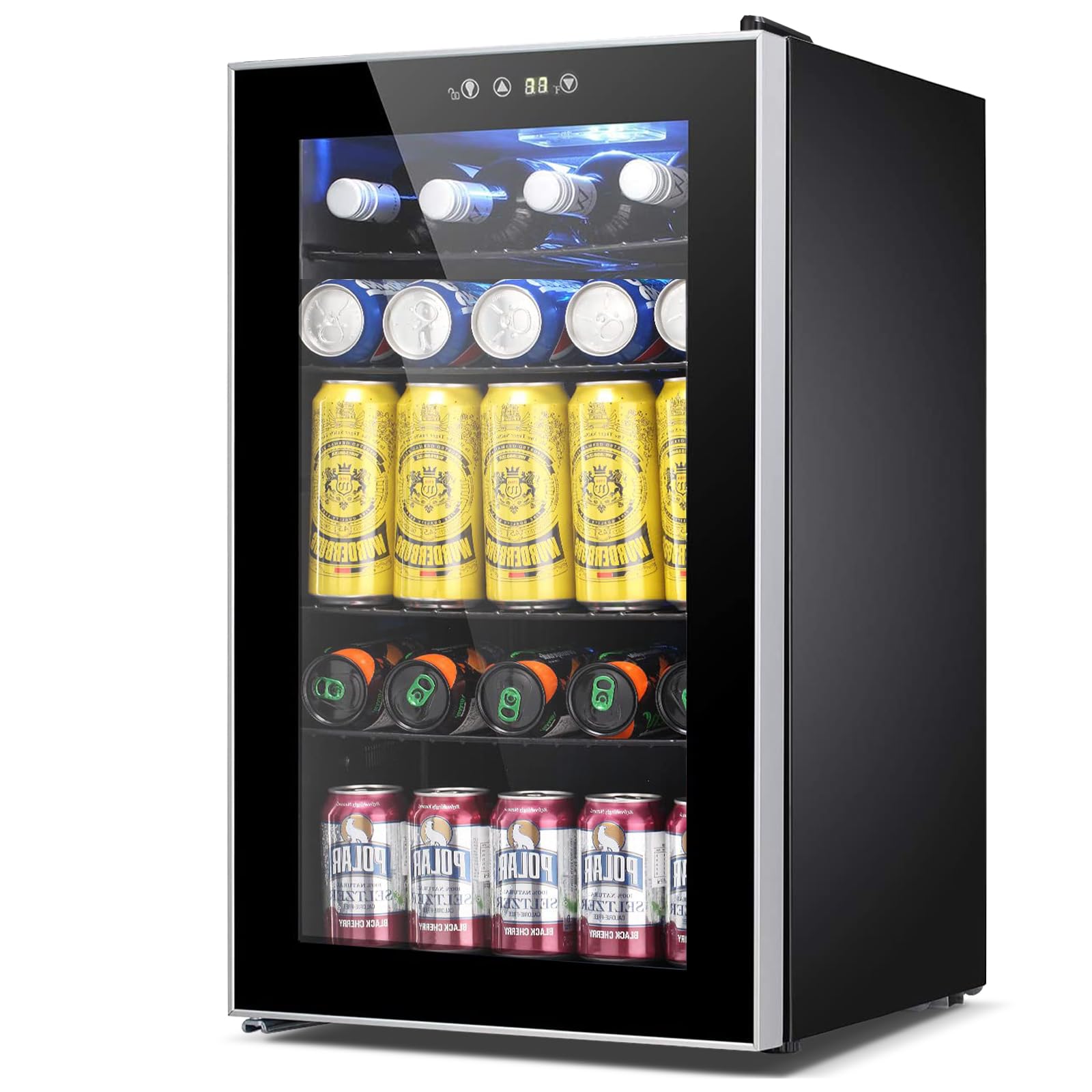 Photo 1 of **BROKEN DOOR** COWSAR Mini Fridge Cooler, 95 Can Beverage Refrigerator with Glass Door, ETL Approved Wine Fridge with Digital Temperature Control, LED Light for Home, Office, Bar, and Game Room - 2.6 Cu.Ft. Black