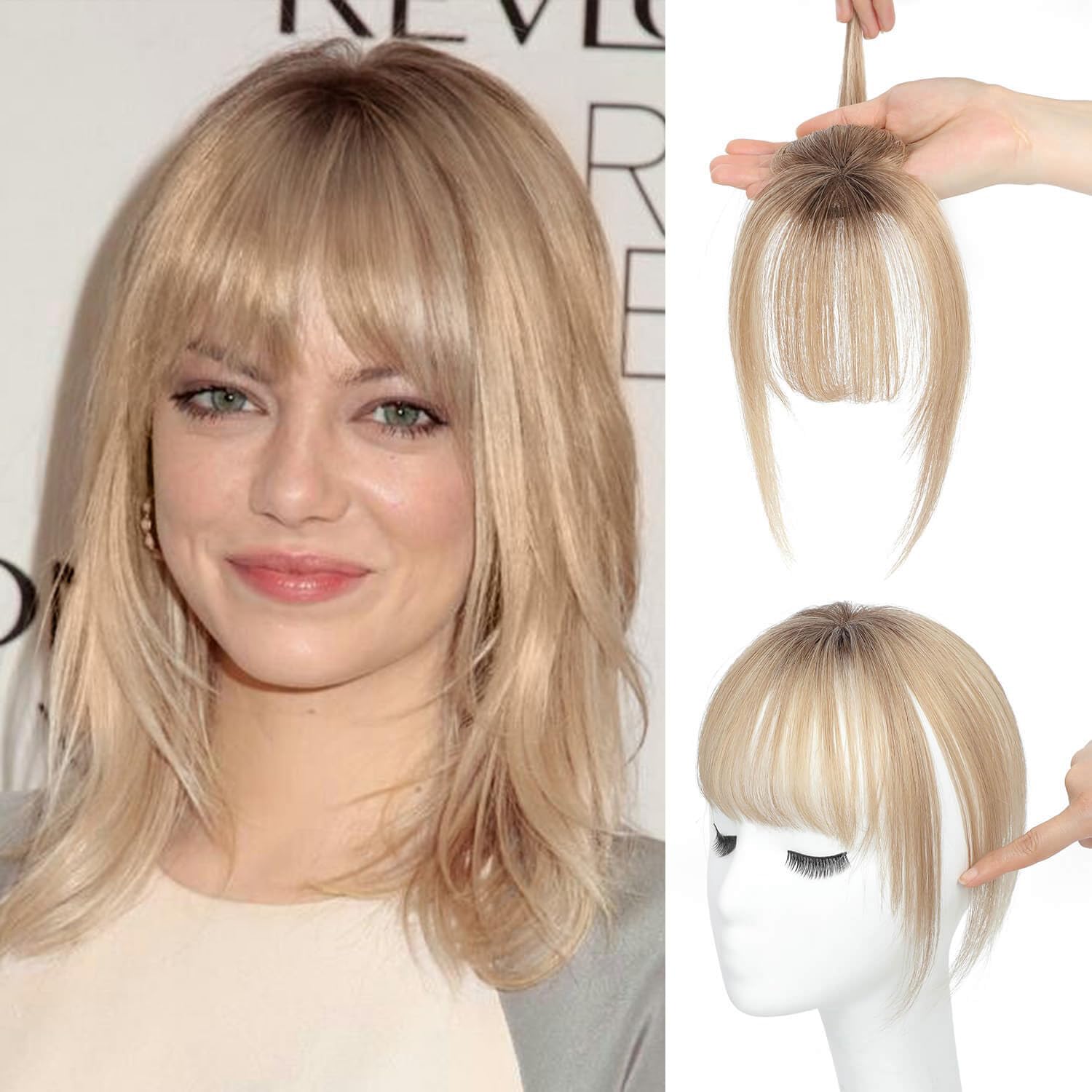 Flyroseing 100% Real Human Hair Clip in Bangs, Ombre Brown Blonde Fringe for Women, Full Neat Hairpiece With 360° Cover
