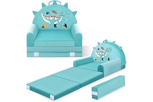 LAAPEE Dinosaur Kids Sofa Bed with Removable Washable Cover & Magic-Tape Backrest – Foldable Toddler Chair, Cozy Crystal Velvet Furniture for Playtime, Naps & Travel (Soft Ggreen, Dino Design)