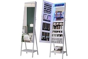 HNEBC Jewelry Cabinet Armoire with Lights,Lockable Jewelry Organizer Standing 47.2''Full-Length MirrorJewelry Boxes for Women Mirror with Jewelry Storage,Built-in LED Makeup Mirror/Drawer(White)