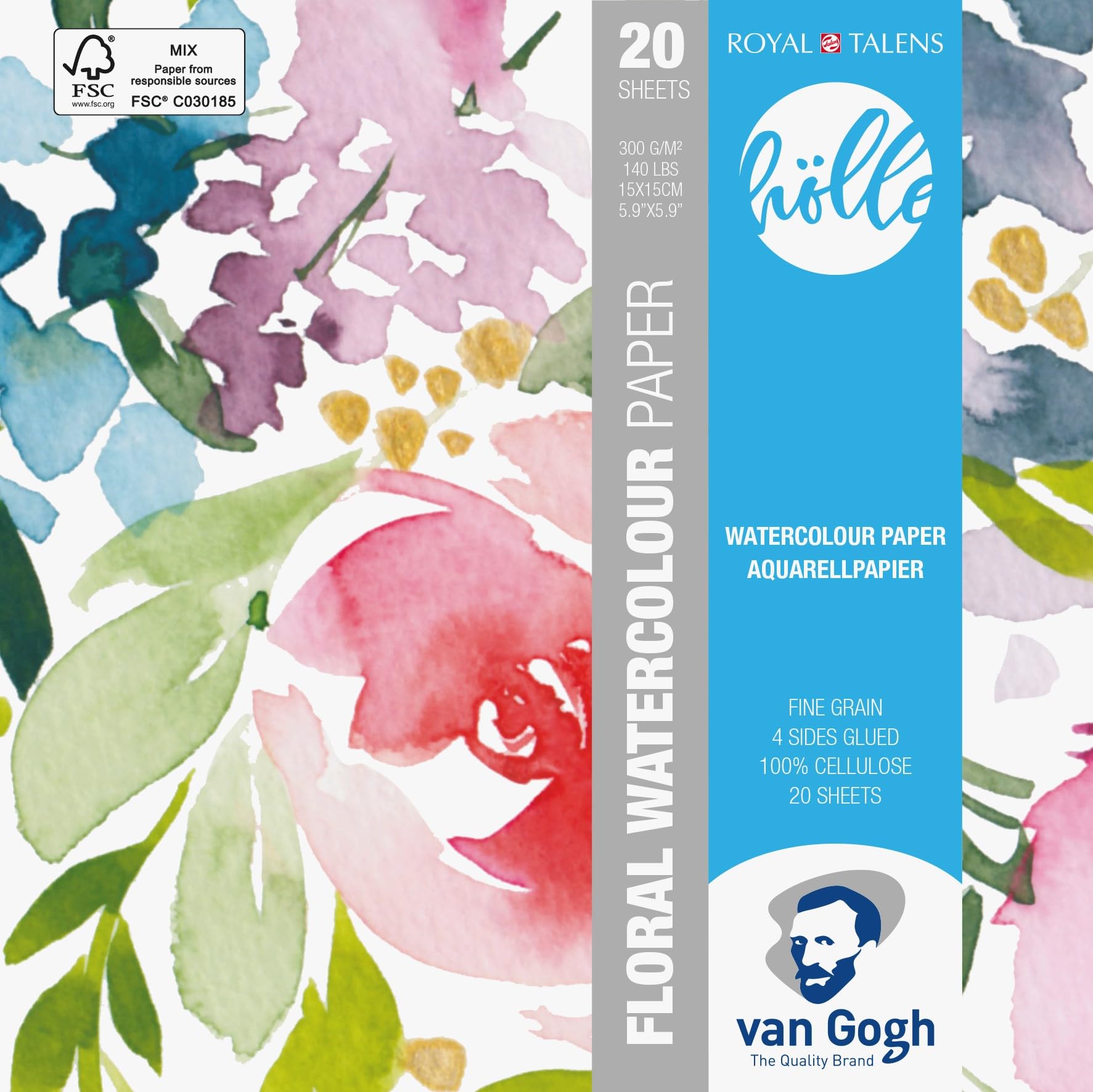 Van Gogh Watercolour Paper Block - 15x15cm 300g - 20 Sheets - Acid-Free pH-Neutral - Fine Grain - Suitable for Watercolours Acrylics Gouache Ink Charcoal Pencil