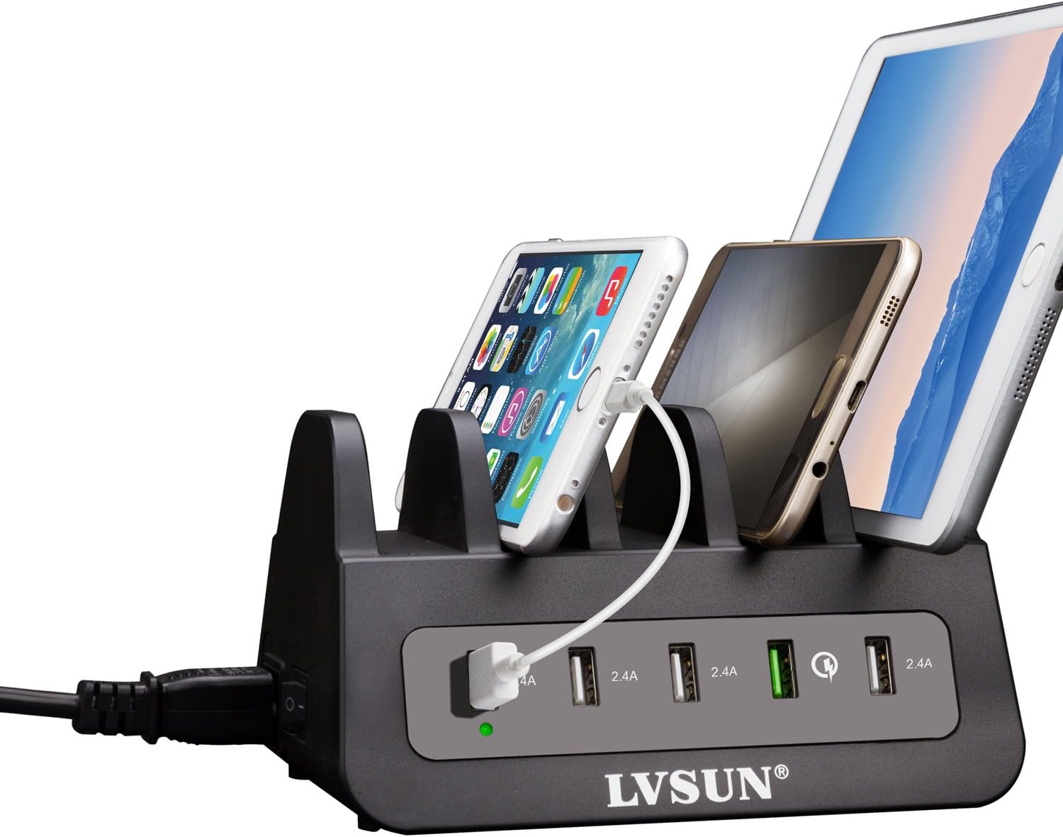 USB Charging Station –LVSUN 60W 5 Ports Charger Dock Includes Quick Charge Fast Charging Docking Organizer with 2 Universal AC Outlets for iPhone iPad Galaxy Android Tablet Mobile Related USB Devices