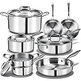 Triple Ply Stainless Steel Pots and Pans Set, EWFEN 12 Piece Induction Cookware Set, Oven Dishwasher Safe | Frying Pans, Saucepans, Saute Pan & Stock Pot, PFOA Free Kitchen Skillet