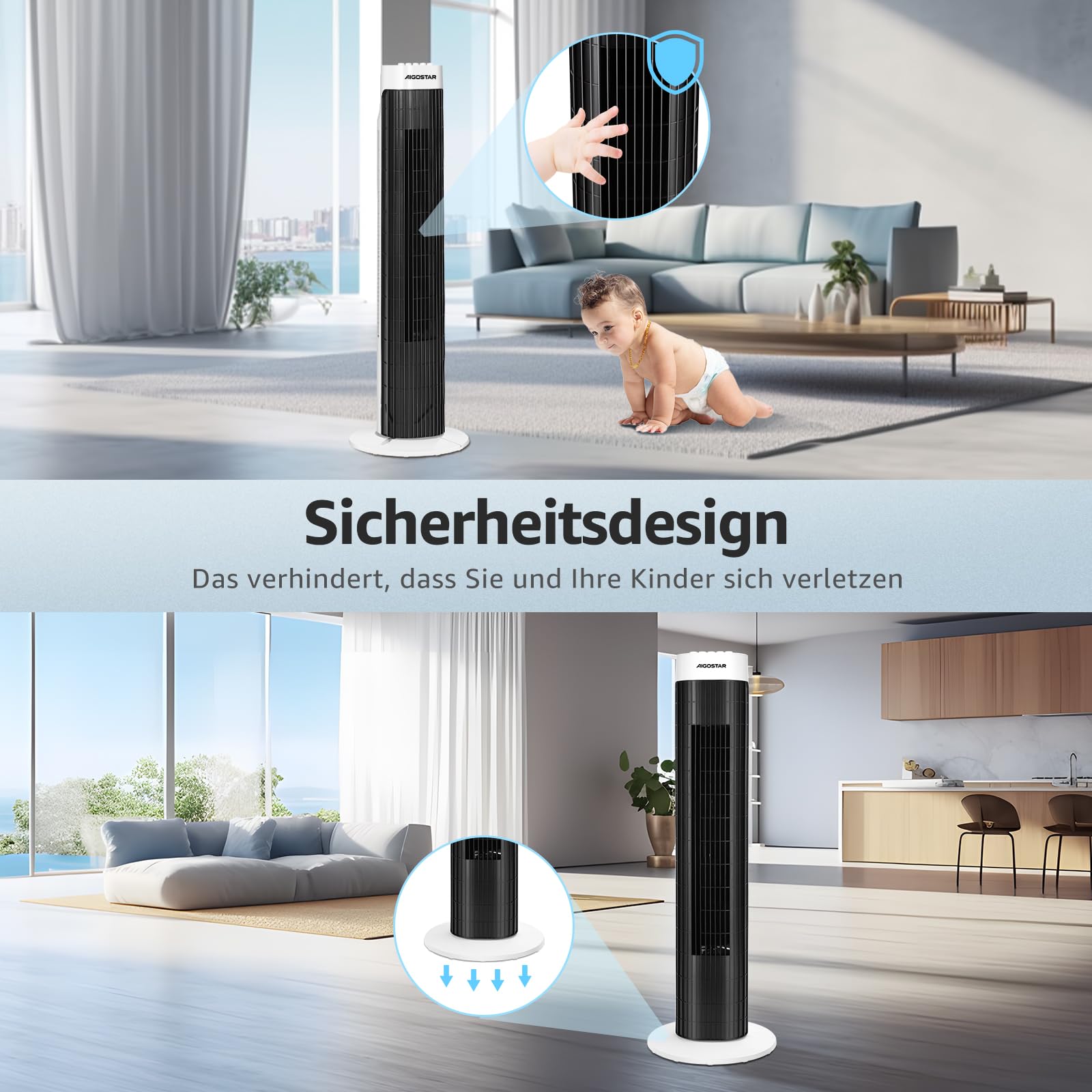 Aigostar Leise Turmventilator, 85° Oszillation, Energiesparender Säulenventilator mit Timer, bis 103.6m/min Tower Ventilator, 3 Geschwindigkeiten, 45W Tower Fan, Standventilator 76cm für Schlafzimmer 6