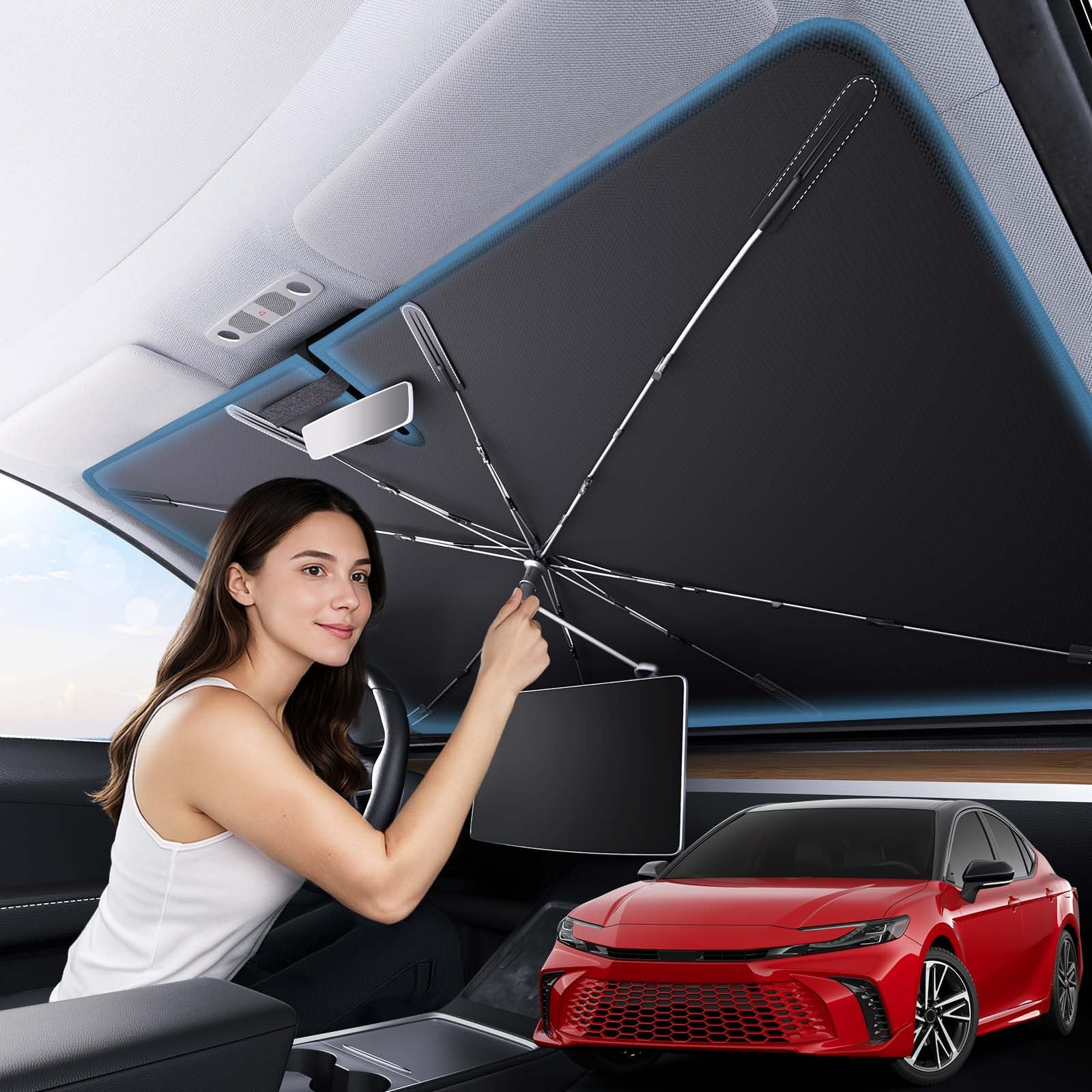 Photo 1 of Zanch 2025 Upgraded Car Windshield Sun Shade [Cool Down by 75? ] with Heat Insulation Coating, Foldable Sunshade Umbrella with Flexible Handle & Ribs, Small (29''x53'') for Compact Cars, SUVs