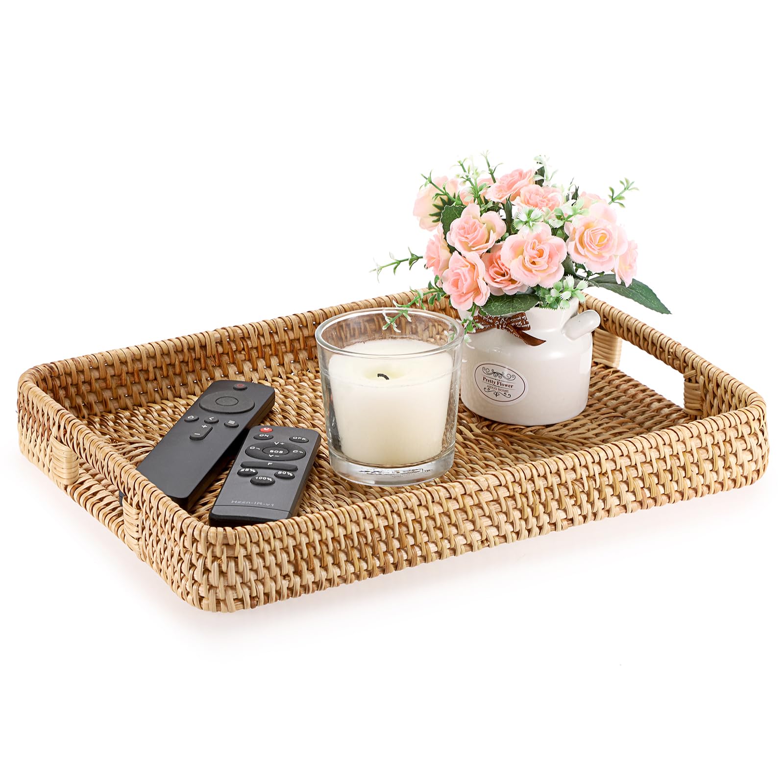 IGNPION Rattan Woven Decorative Serving Tray Basket With Handles For Coffee Table Desk livingroom