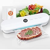 Food Vacuum Sealer Machine, Vacuum Sealer for Food One-Touch Smart Automatic, Easy-to-operate Food Saver for Dry & Moist Foods, Compact Design Powerful Suction Air Sealing System with 15 Vacuum Bags