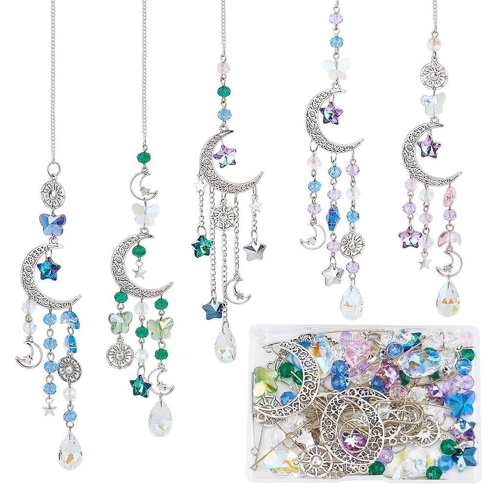 SUNNYCLUE 1 Box DIY 5 Sets Star Moon Sun Catchers Kit Hanging Sun Catcher Rainbow Catcher Window Hanging Prism Suncatcher Glass Crystal Suncatchers for Windows Indoor Outdoor Home Garden Decor