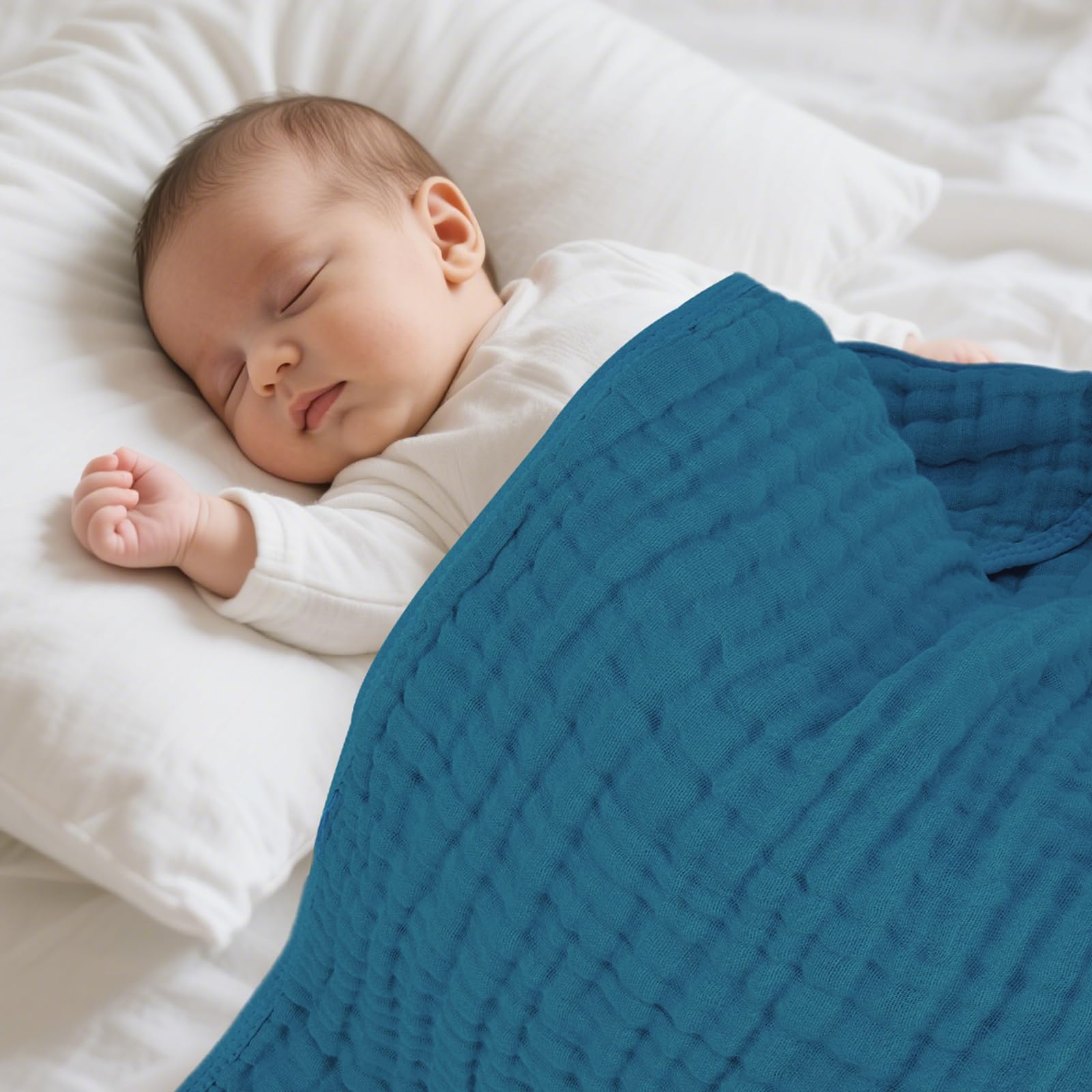 Muslin Baby Towels 100% Cotton ，Super Soft Muslin Baby Bath Towel - 32 x 32 Inches, Suitable for Newborn and Young Children up to 3 Years Old. (Light Blue & Dark Blue)