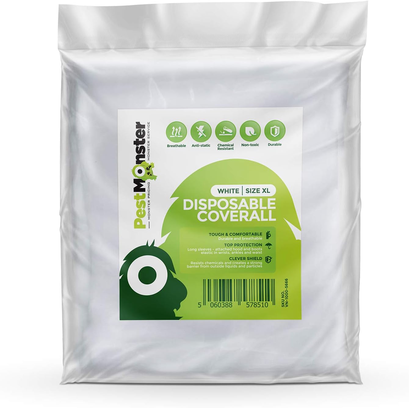 Vectorfog Pest Monster Heavy Duty Disposable Jumpsuit White SMS 50g Coverall Suit With Elastic Cuffs, Anti-static, Eco-Friendly, Non-toxic With Hood & Feet Full Coverage