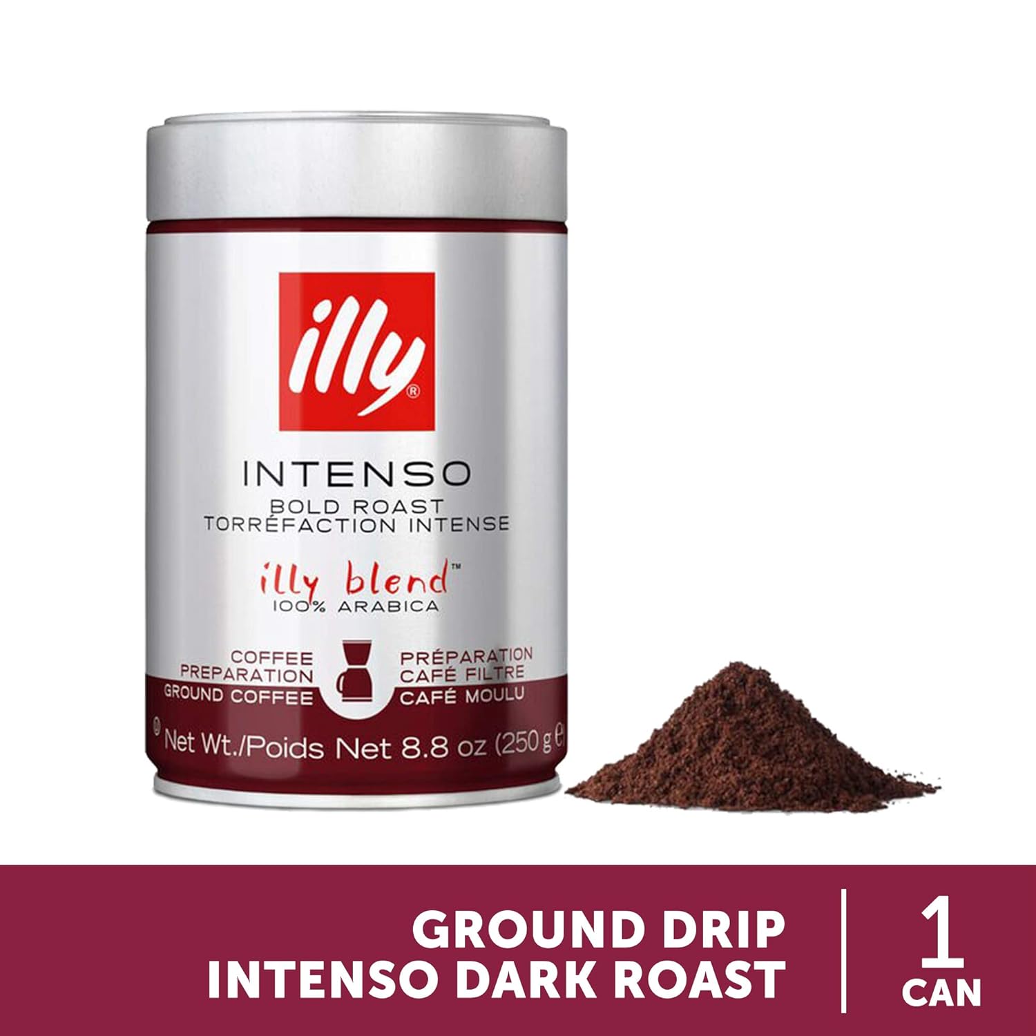 illy Intenso Ground Drip Coffee, Bold Roast, Intense, Robust and Full Flavored With Notes of Deep Cocoa, 100% Arabica Coffee, No Preservatives, 8.8oz