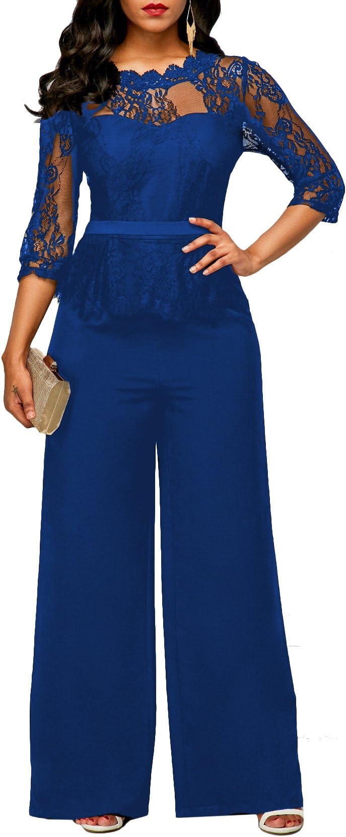 YIFAN DREAM Women's Jumpsuit Lace Shirt Long Sleeve Playsuit Fashion High Waist Wide Leg Pants Trousers Romper Elegant Party Evening for Women