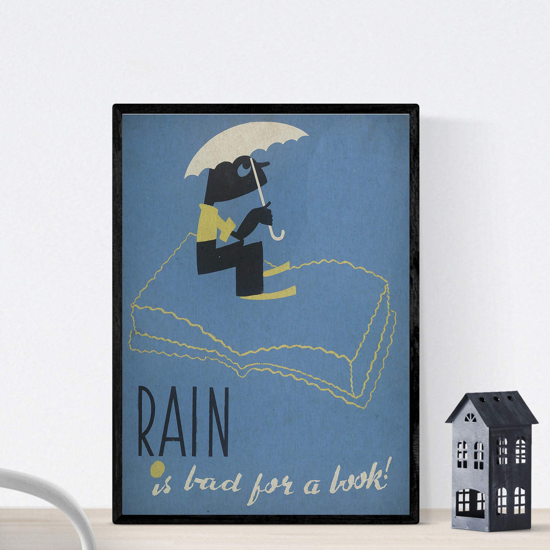 Nacnic Vintage Poster Library poster cares books Rain spoils the books. A4 size