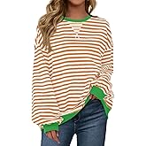 Fisoew Womens Striped Oversized Sweatshirt Color Block Crew Neck Long Sleeve Shirt Casual Loose Pullover Top Y2K Clothes Orange