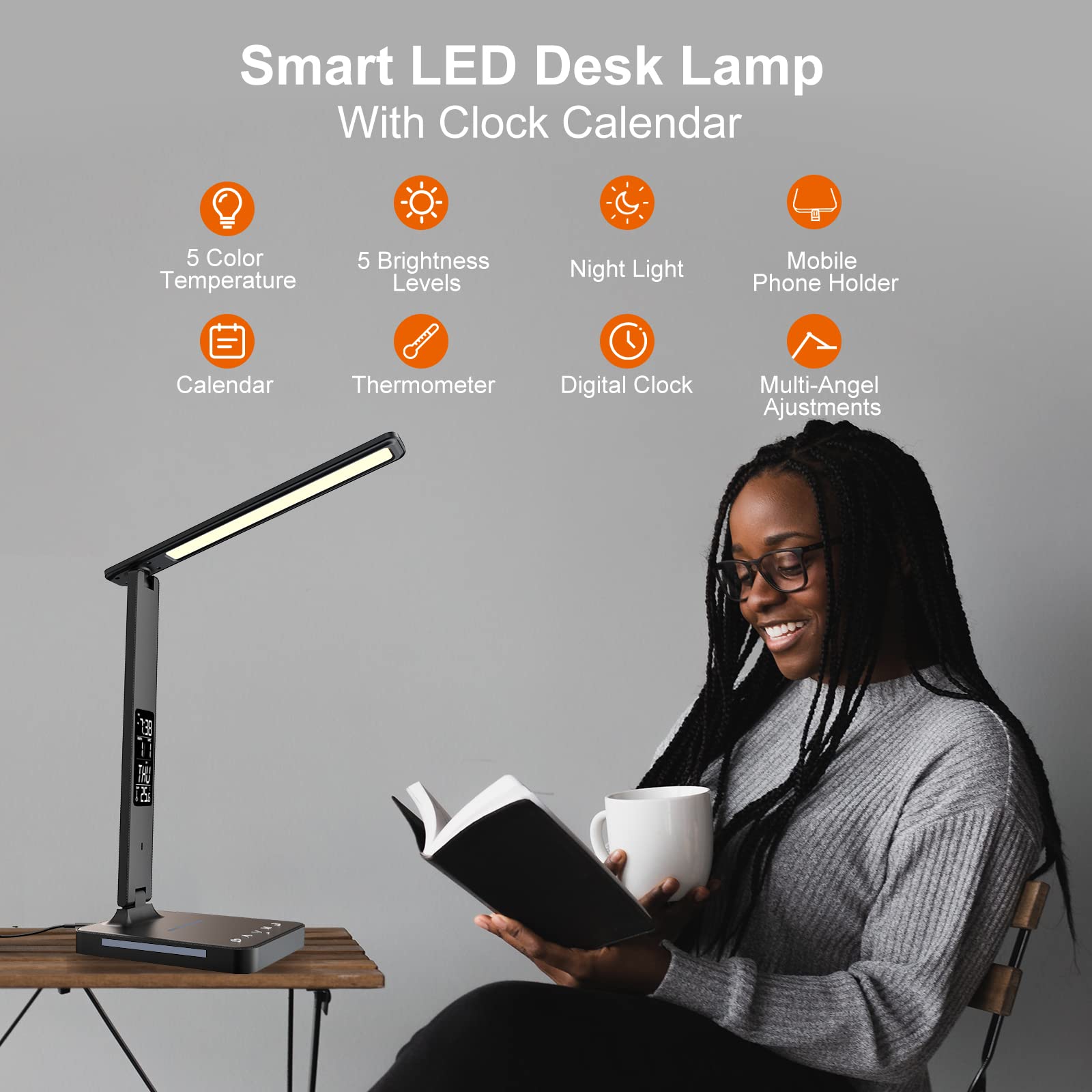 poukaran LED Desk Lamp with Wireless Charging, 5 Adjustable Light Sources and 5 Levels of Brightness Adjustment, Desk Lamp with Night Light Function, Black