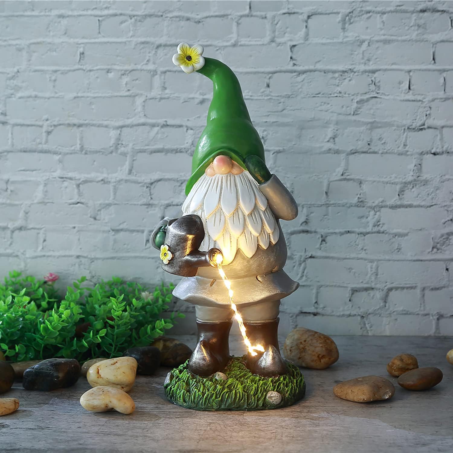 UAMSTYLE Garden Gnome Statue - Solar Decorations,Funny Outdoor Gnome Resin Statues Holding Watering Can with Solar Outdoor LED Lights,Garden Gray Gnomes Outdoor for Home Yard Art Decor 13 Inches Tall