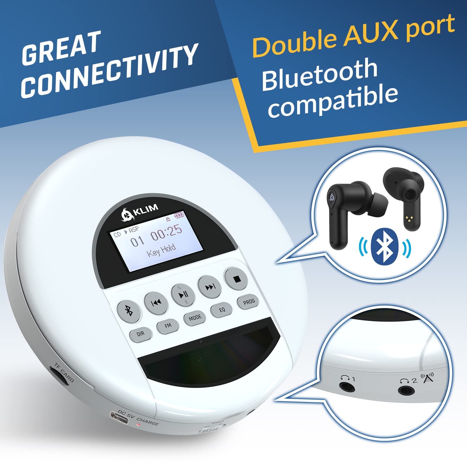 KLIM Nomad - New - Portable CD Player with Long-Lasting Battery - with Headphones - Radio FM - Compatible MP3 CD Player Portable - TF Card Radio FM Bluetooth - Ideal for Cars - White