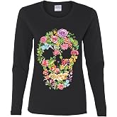 Flower Skull Women's Long Sleeve Tee Sugar Skull Calavera Dia de Los Muertos