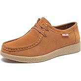 TRULAND Leather Oxford Shoes for Women - Suede Lace Up Moc Toe Low Platform Flat Wallabees Shoes